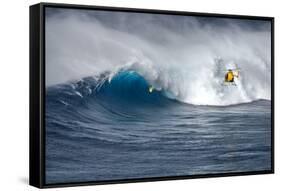 Hawaii Maui. Helicopter Crew Filming Kyle Lenny Surfing Monster Waves at Pe'Ahi Jaws-Janis Miglavs-Framed Stretched Canvas