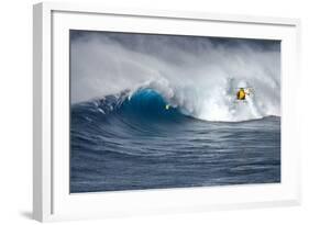 Hawaii Maui. Helicopter Crew Filming Kyle Lenny Surfing Monster Waves at Pe'Ahi Jaws-Janis Miglavs-Framed Photographic Print