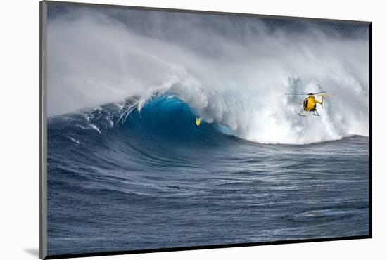 Hawaii Maui. Helicopter Crew Filming Kyle Lenny Surfing Monster Waves at Pe'Ahi Jaws-Janis Miglavs-Mounted Photographic Print