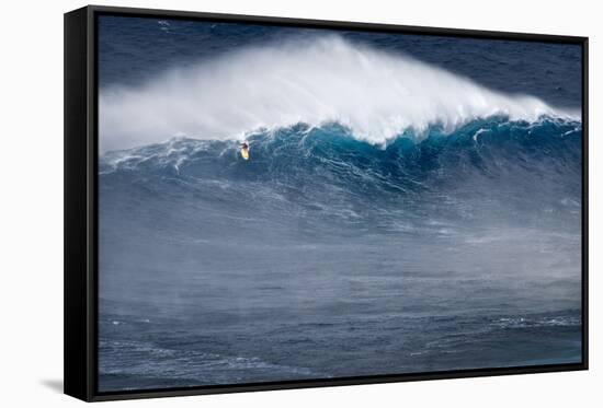 Hawaii, Maui. Kai Lenny Stand Up Paddle Board Surfing Monster Waves at Pe'Ahi Jaws-Janis Miglavs-Framed Stretched Canvas