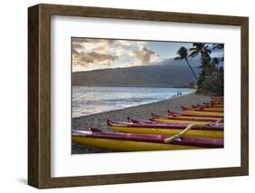 Hawaii, Maui, Kihei. Outrigger canoes on Kalae Pohaku beach and palm trees.-Janis Miglavs-Framed Photographic Print