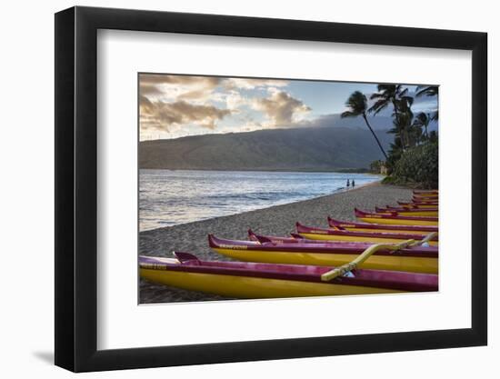 Hawaii, Maui, Kihei. Outrigger canoes on Kalae Pohaku beach and palm trees.-Janis Miglavs-Framed Photographic Print