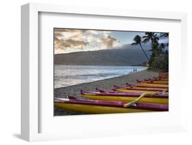 Hawaii, Maui, Kihei. Outrigger canoes on Kalae Pohaku beach and palm trees.-Janis Miglavs-Framed Photographic Print