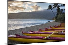 Hawaii, Maui, Kihei. Outrigger canoes on Kalae Pohaku beach and palm trees.-Janis Miglavs-Mounted Photographic Print