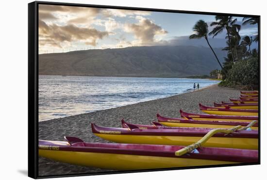 Hawaii, Maui, Kihei. Outrigger canoes on Kalae Pohaku beach and palm trees.-Janis Miglavs-Framed Stretched Canvas