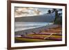 Hawaii, Maui, Kihei. Outrigger canoes on Kalae Pohaku beach and palm trees.-Janis Miglavs-Framed Photographic Print