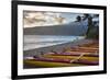 Hawaii, Maui, Kihei. Outrigger canoes on Kalae Pohaku beach and palm trees.-Janis Miglavs-Framed Photographic Print