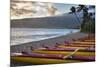 Hawaii, Maui, Kihei. Outrigger canoes on Kalae Pohaku beach and palm trees.-Janis Miglavs-Mounted Photographic Print