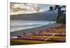 Hawaii, Maui, Kihei. Outrigger canoes on Kalae Pohaku beach and palm trees.-Janis Miglavs-Framed Photographic Print