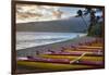 Hawaii, Maui, Kihei. Outrigger canoes on Kalae Pohaku beach and palm trees.-Janis Miglavs-Framed Photographic Print