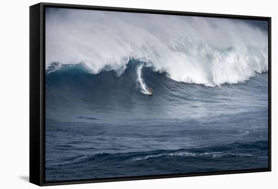 Hawaii Maui. Kyle Lenny Surfing Monster Waves at Pe'Ahi Jaws-Janis Miglavs-Framed Stretched Canvas