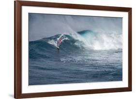 Hawaii, Maui. Lone Figure Windsurfing Monster Waves at Pe'Ahi Jaws, North Shore Maui-Janis Miglavs-Framed Photographic Print