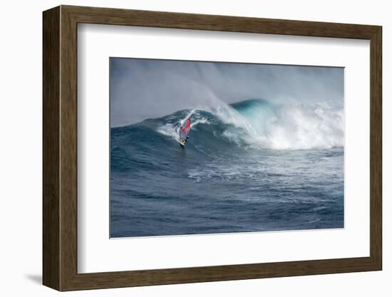 Hawaii, Maui. Lone Figure Windsurfing Monster Waves at Pe'Ahi Jaws, North Shore Maui-Janis Miglavs-Framed Photographic Print