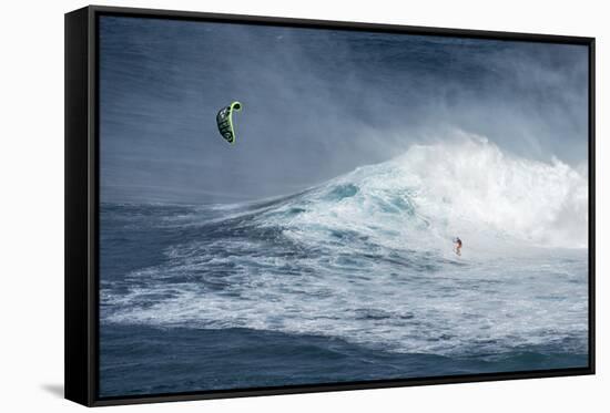 Hawaii, Maui. Niccolo Porcella Windsurfing Monster Waves at Pe'Ahi Jaws, North Shore Maui, Hawaii-Janis Miglavs-Framed Stretched Canvas