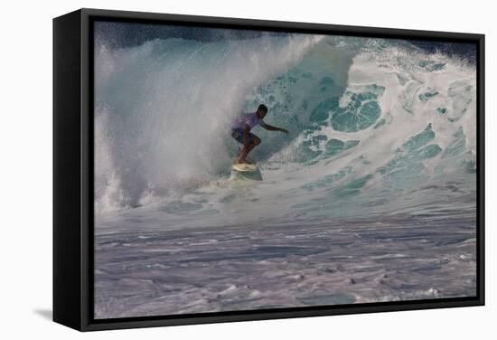 Hawaii, Oahu, Surfers in Action at the Pipeline on the Coast-Terry Eggers-Framed Stretched Canvas