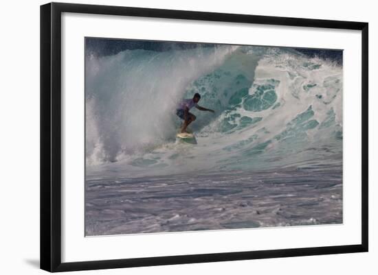 Hawaii, Oahu, Surfers in Action at the Pipeline on the Coast-Terry Eggers-Framed Photographic Print