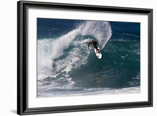 Hawaii, Oahu, Surfers in Action at the Pipeline on the Coast-Terry Eggers-Framed Photographic Print