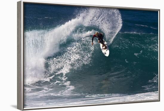 Hawaii, Oahu, Surfers in Action at the Pipeline on the Coast-Terry Eggers-Framed Photographic Print