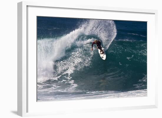 Hawaii, Oahu, Surfers in Action at the Pipeline on the Coast-Terry Eggers-Framed Photographic Print