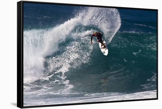 Hawaii, Oahu, Surfers in Action at the Pipeline on the Coast-Terry Eggers-Framed Stretched Canvas