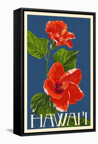 Hawaii - Red Hibiscus Flower-Lantern Press-Framed Stretched Canvas