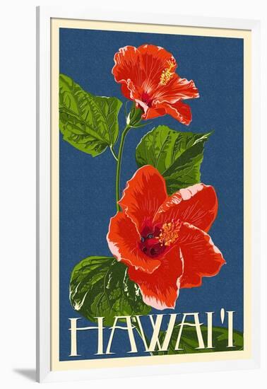 Hawaii - Red Hibiscus Flower-Lantern Press-Framed Art Print