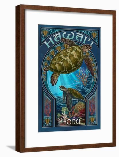 Hawaii - Sea Turtle Art Nouveau-Lantern Press-Framed Art Print