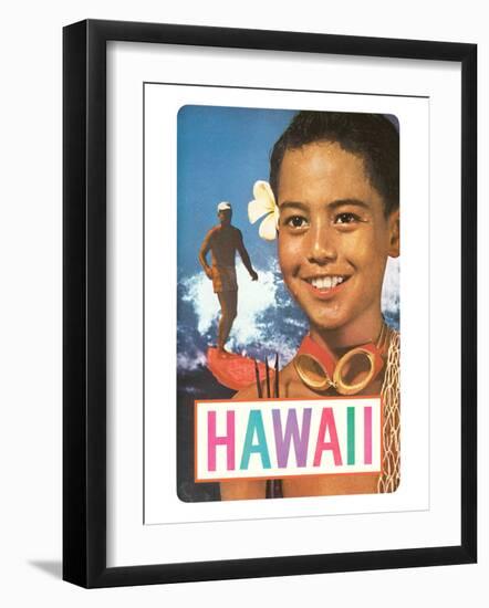 Hawaii, Surfer and Diving Boy-null-Framed Art Print