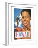 Hawaii, Surfer and Diving Boy-null-Framed Art Print