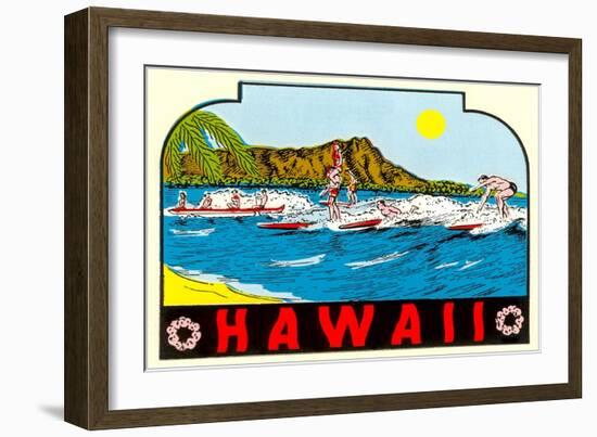 Hawaii, Surfers at Diamond Head-null-Framed Art Print