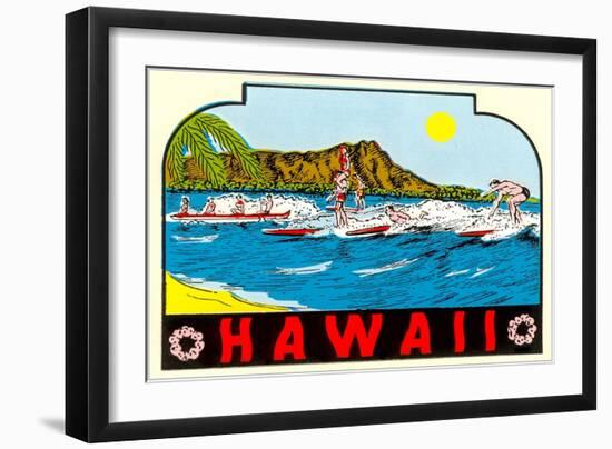 Hawaii, Surfers at Diamond Head-null-Framed Art Print