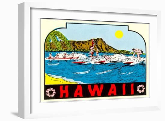 Hawaii, Surfers at Diamond Head-null-Framed Art Print