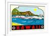 Hawaii, Surfers at Diamond Head-null-Framed Premium Giclee Print