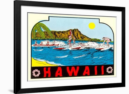 Hawaii, Surfers at Diamond Head-null-Framed Premium Giclee Print