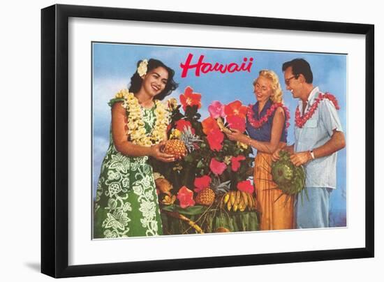 Hawaii, Tourist Couple, Fruit, Hawaiian Lady-null-Framed Art Print