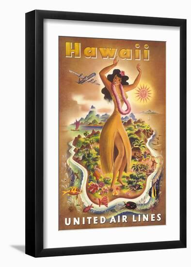 Hawaii, United Air Lines, Hula Dancer-null-Framed Art Print