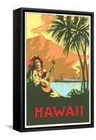 Hawaii, Volcano, Cruise Ship, Woman with Guitar-null-Framed Stretched Canvas