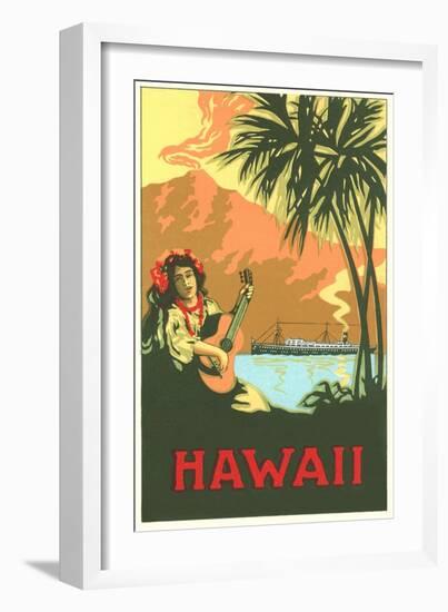 Hawaii, Volcano, Cruise Ship, Woman with Guitar-null-Framed Art Print