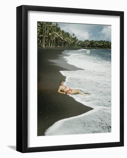 Hawaiian Airline Stewardes on Black Sand Beach, Kalapana, Hawaii-Ralph Crane-Framed Photographic Print