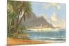 Hawaiian Beach with Cruise Ship-null-Mounted Art Print