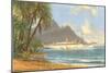 Hawaiian Beach with Cruise Ship-null-Mounted Art Print