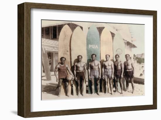 Hawaiian Duke Kahanamoku and his Brothers with Surfboards at Waikiki Beach, Hawaii-Tai Sing Loo-Framed Art Print