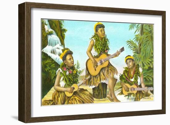 Hawaiian Hula Dancers with Guitar and Ukuleles-null-Framed Art Print