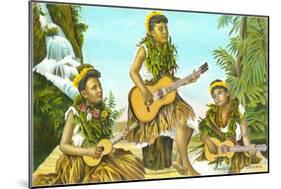 Hawaiian Hula Dancers with Guitar and Ukuleles-null-Mounted Art Print