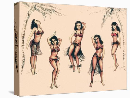 Hawaiian Hula Ladies Vintage Mid-Century Tattoo Flash-null-Stretched Canvas