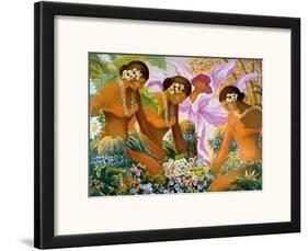 Hawaiian Hula, Women with Tropical Flowers-Warren Rapozo-Framed Art Print