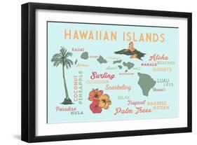 Hawaiian Islands - Typography and Icons-Lantern Press-Framed Art Print