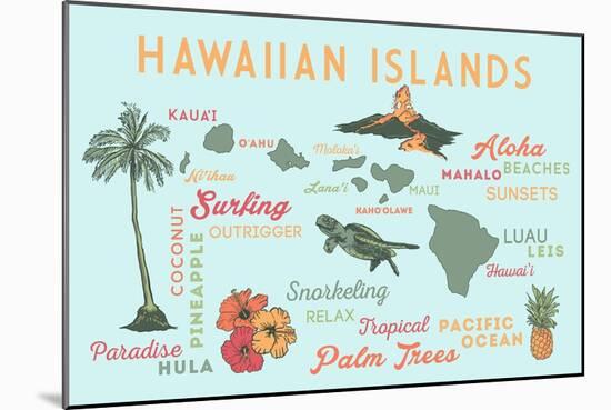 Hawaiian Islands (Version 2) - Typography and Icons-Lantern Press-Mounted Art Print