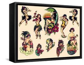 "Hawaiian Ladies" Vintage Sailor Tatooo Flash-Piddix-Framed Stretched Canvas