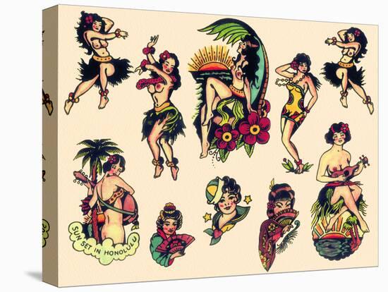 "Hawaiian Ladies" Vintage Sailor Tatooo Flash-Piddix-Stretched Canvas